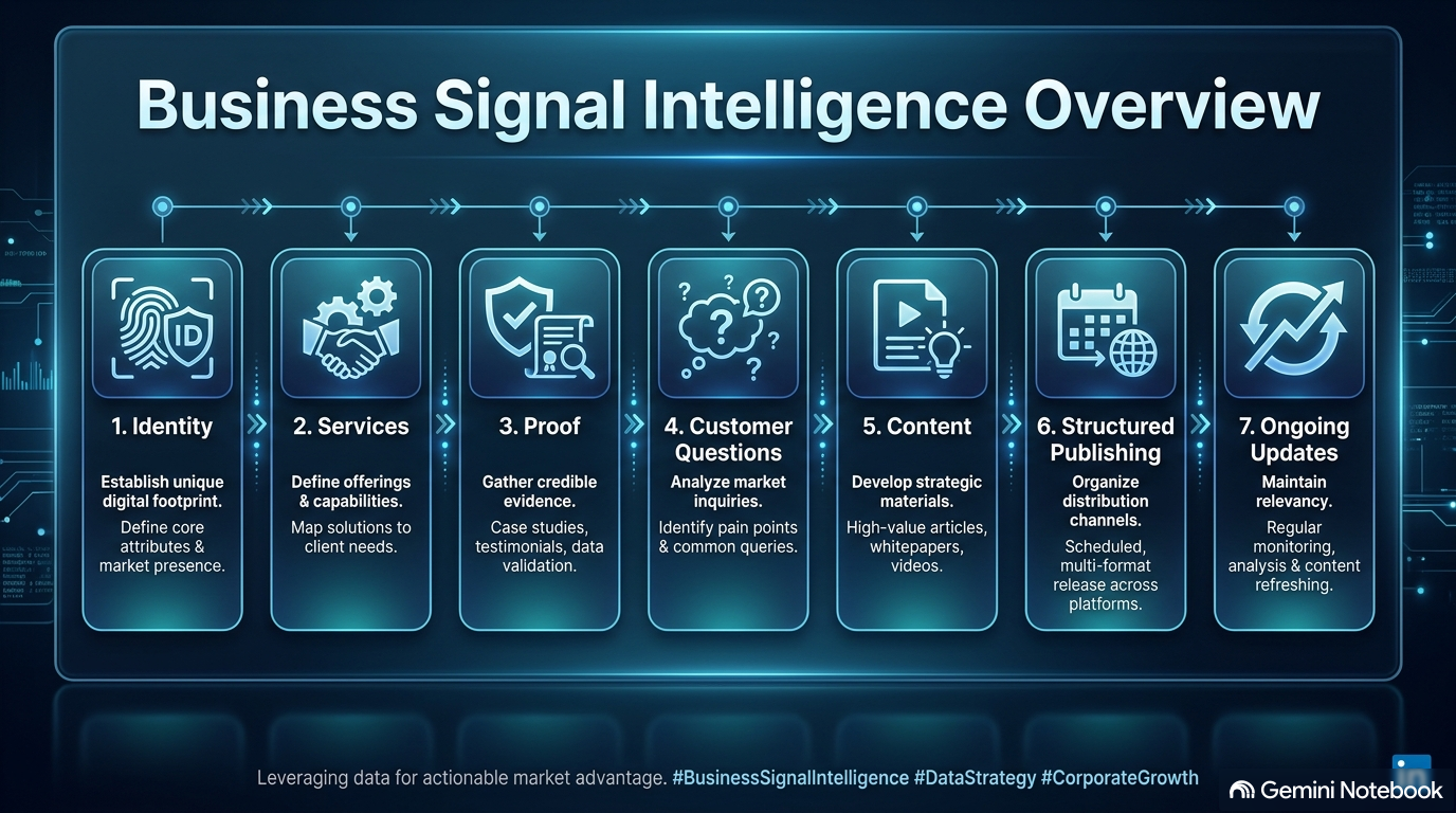 Seven connected parts of Business Signal Intelligence: identity, services, proof, customer questions, content, structured publishing, and ongoing updates.